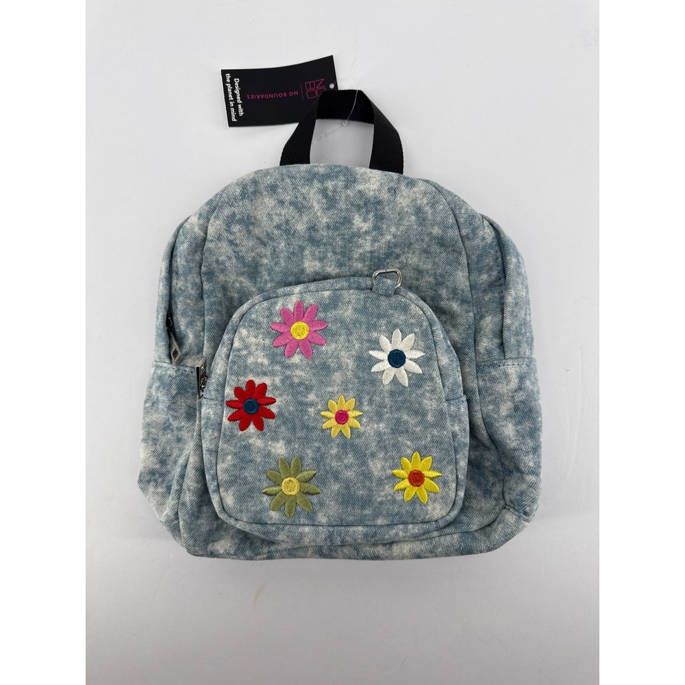 No Boundaries Denim Flowers Mini Backpack Light Blue Acid Wash Floral Embroidery